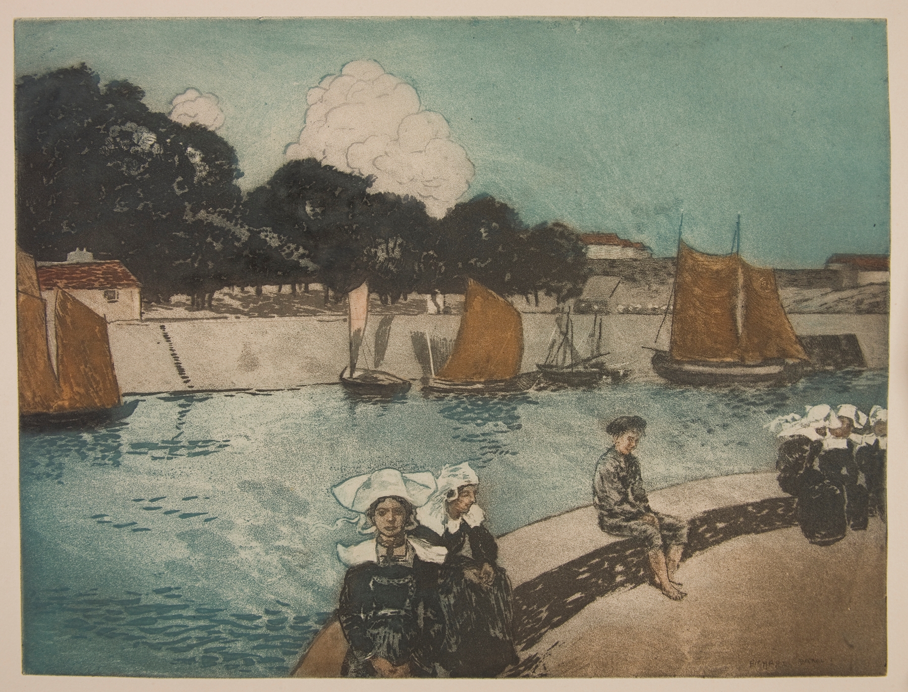 Bretonnes sur le quai by Richard Ranft, oil painting depicting women in traditional dresses at a harbor.