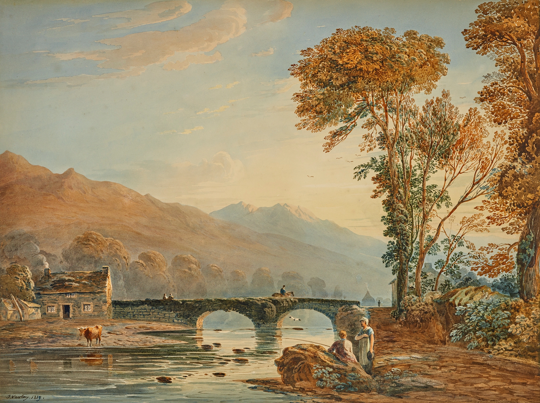 Beddgelert Bridge, North Wales, by John Varley, public domain