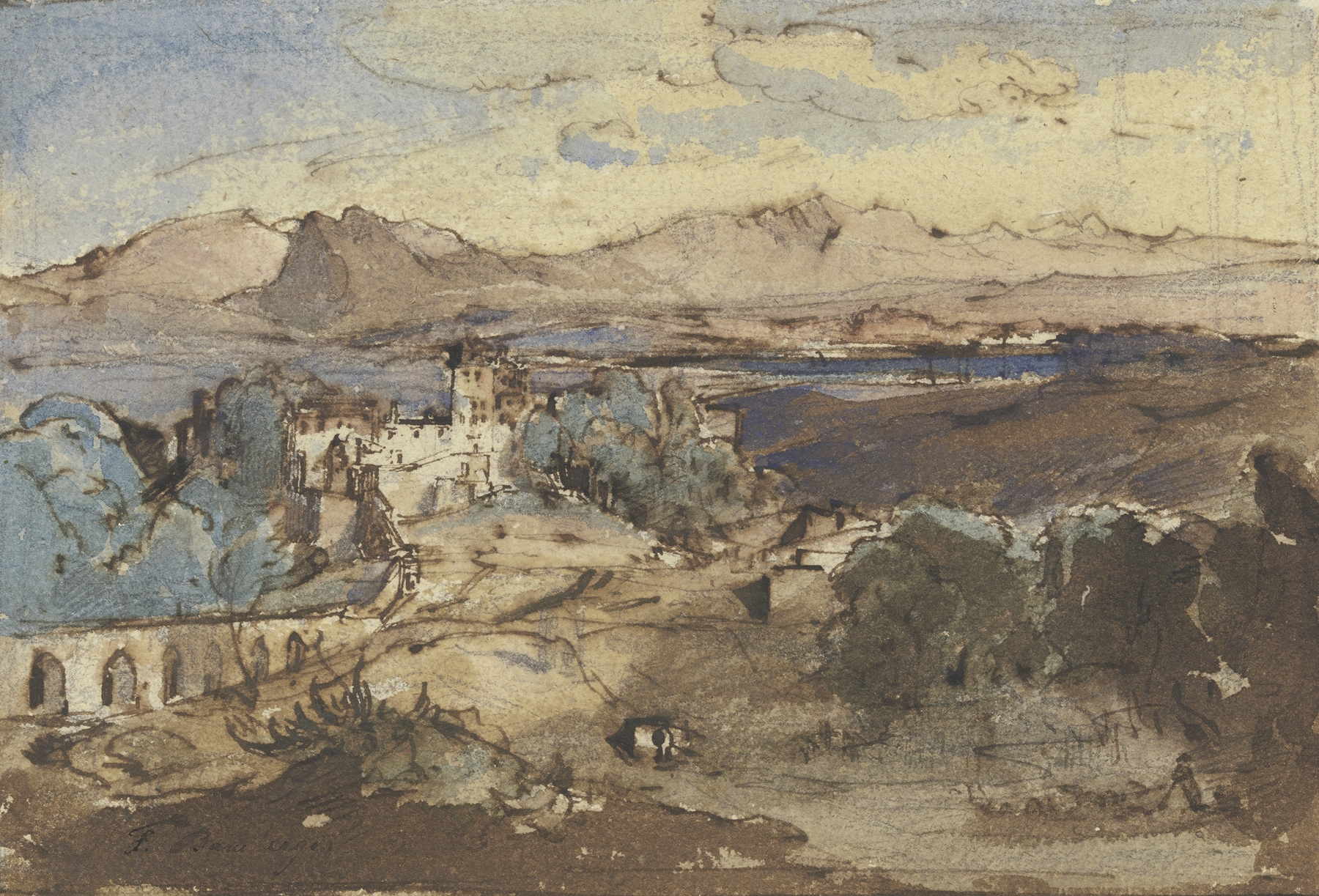 Landscape with a lake, castle, and aqueduct by Fritz Bamberger, oil painting.