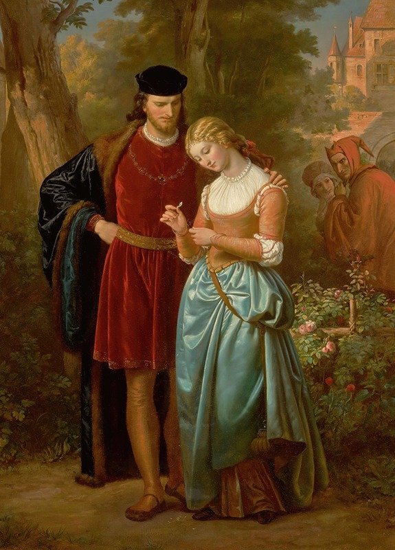 A romantic scene depicting Faust and Marguerite in a lush garden.