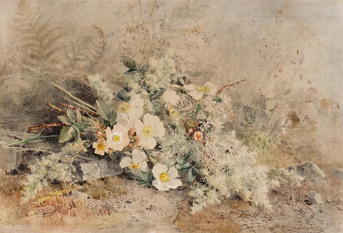 A still life painting featuring wild roses by Marie Egner.