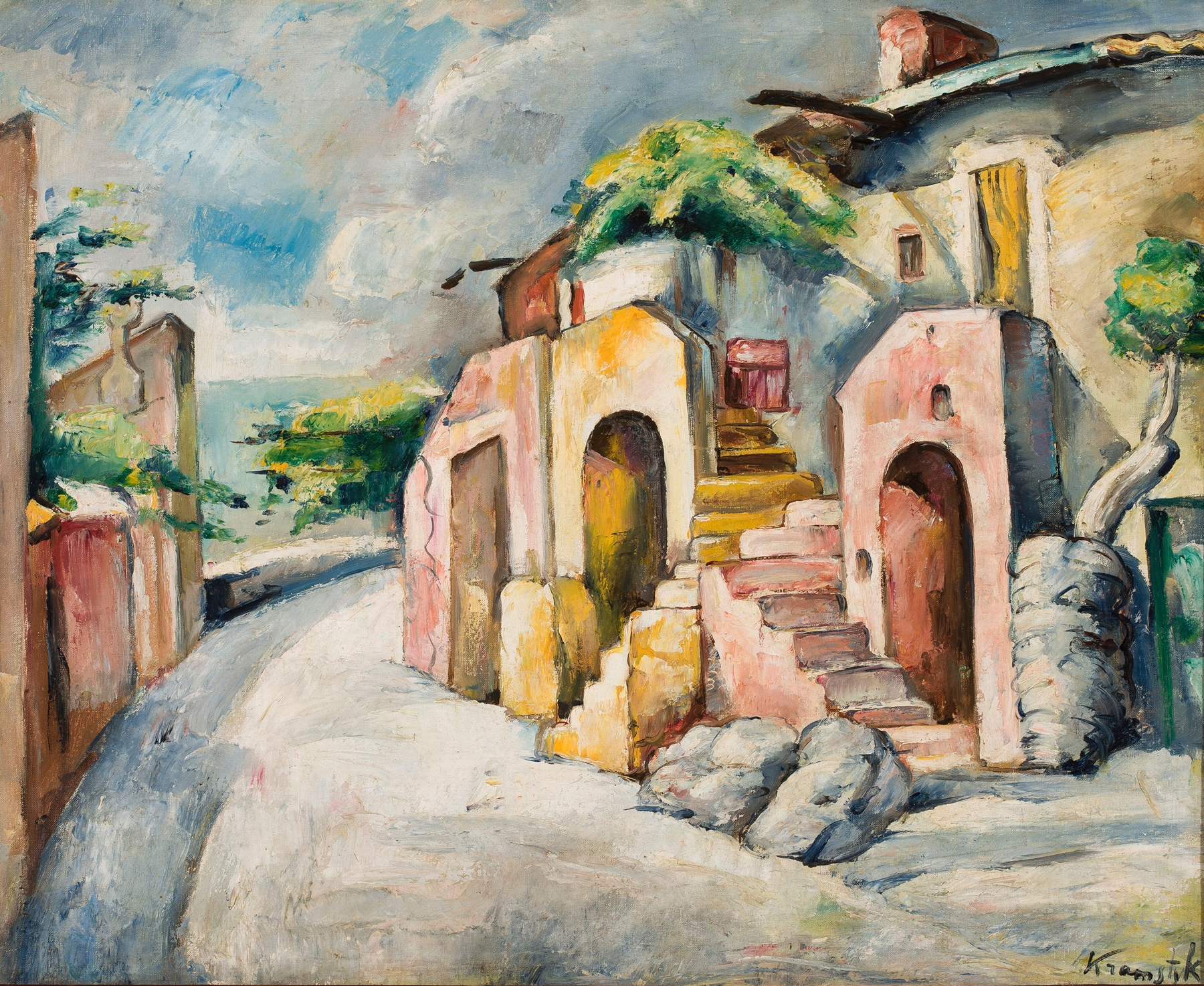 Landscape from Catalonia by Roman Kramsztyk, oil painting depicting a village street with sunlight and shadows.
