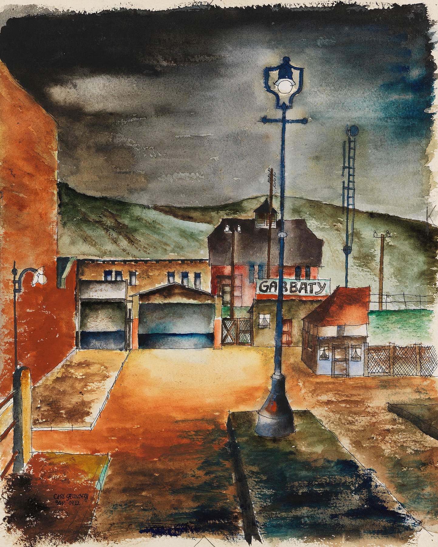 Häuser bei Nacht by Carl Grossberg, oil on canvas depicting urban buildings at night with glowing windows.