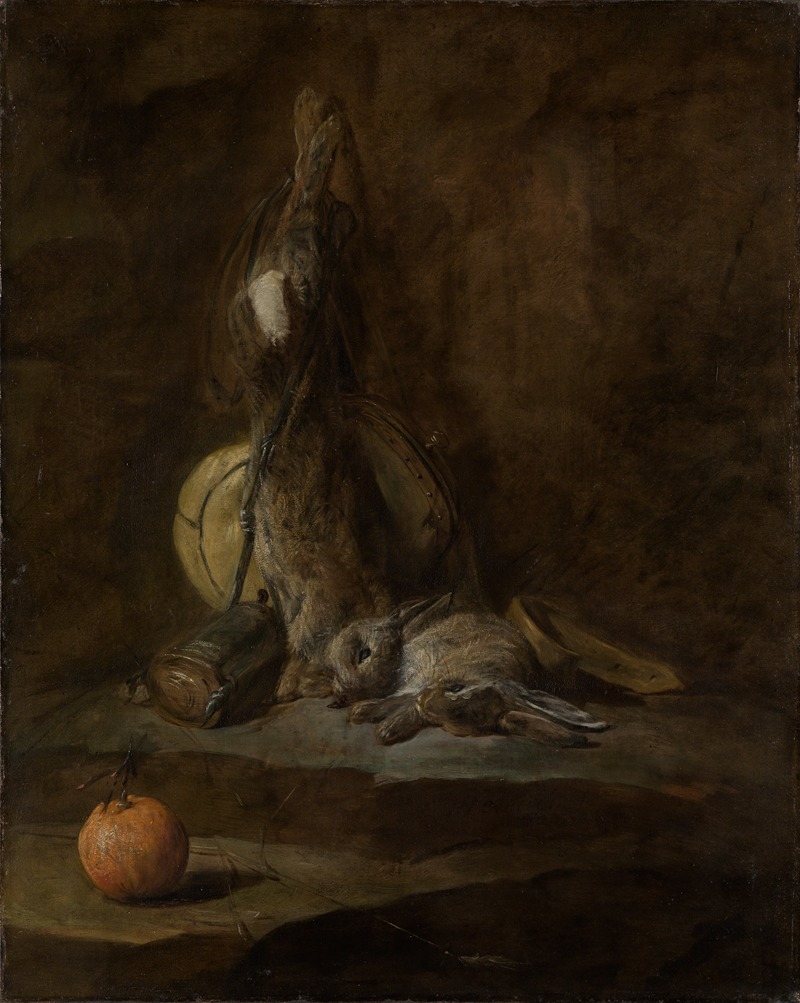 A still life painting featuring a dead rabbit and various objects.