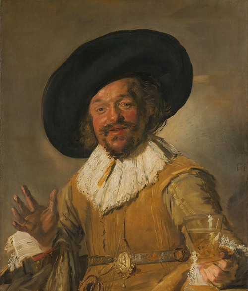 A man in a dark outfit holds a berkemeyer while smiling, surrounded by a lively atmosphere.