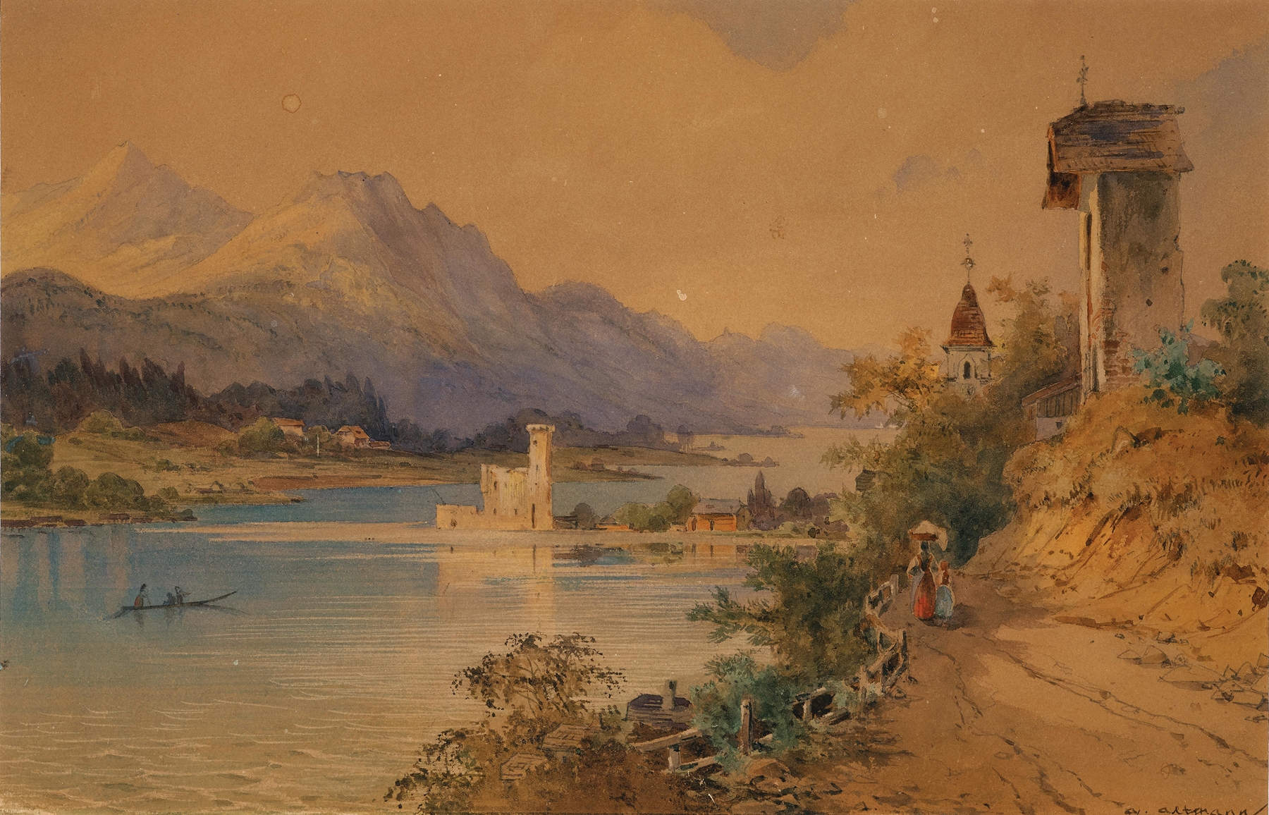 A view of Lake Wolfgang, oil painting by Anton Altmann the younger, featuring a lighthouse and tranquil waters.