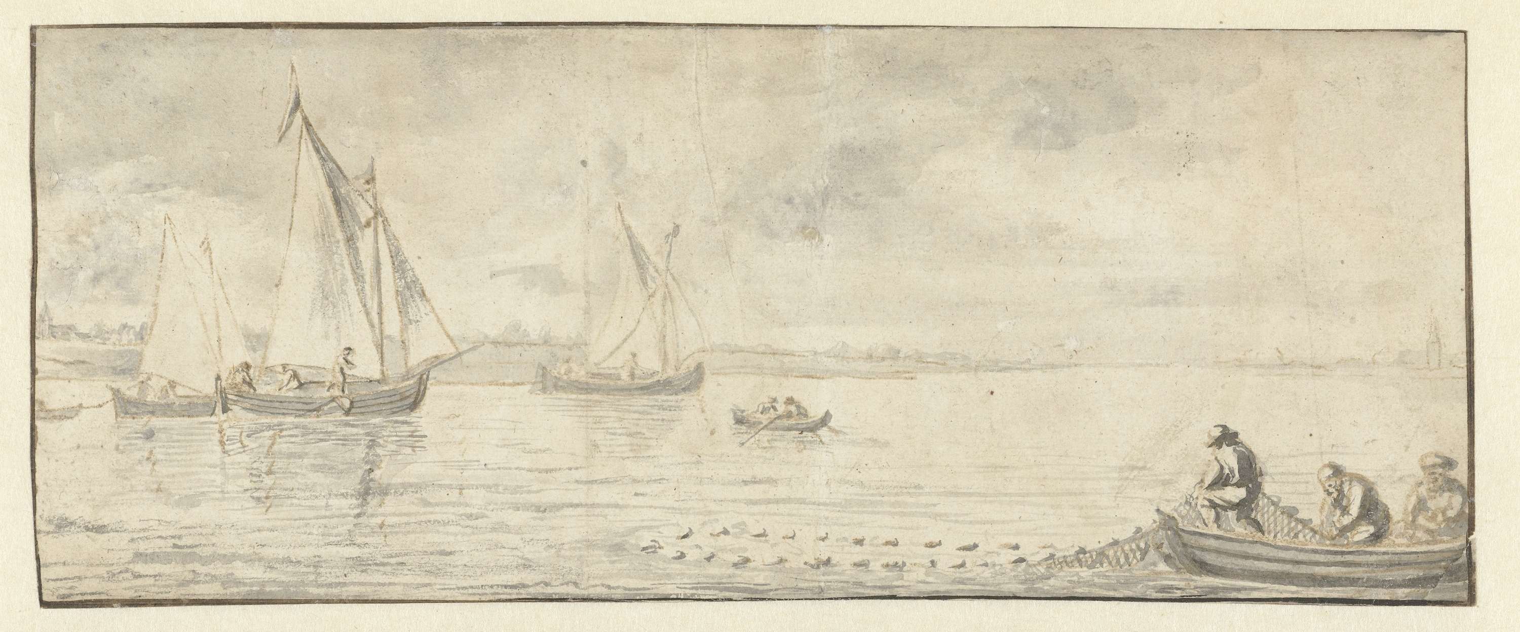 Oil painting by Pieter Coopse depicting a river with sailing ships and a rowboat.