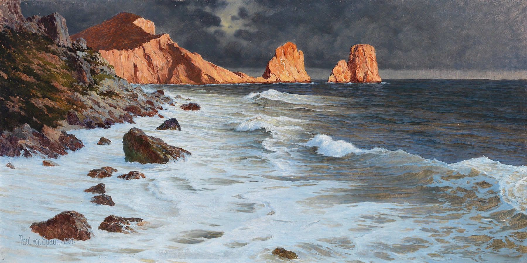 Marine scene of Küste bei Capri by Paul Von Spaun, depicting azure sea and cliffs, oil painting