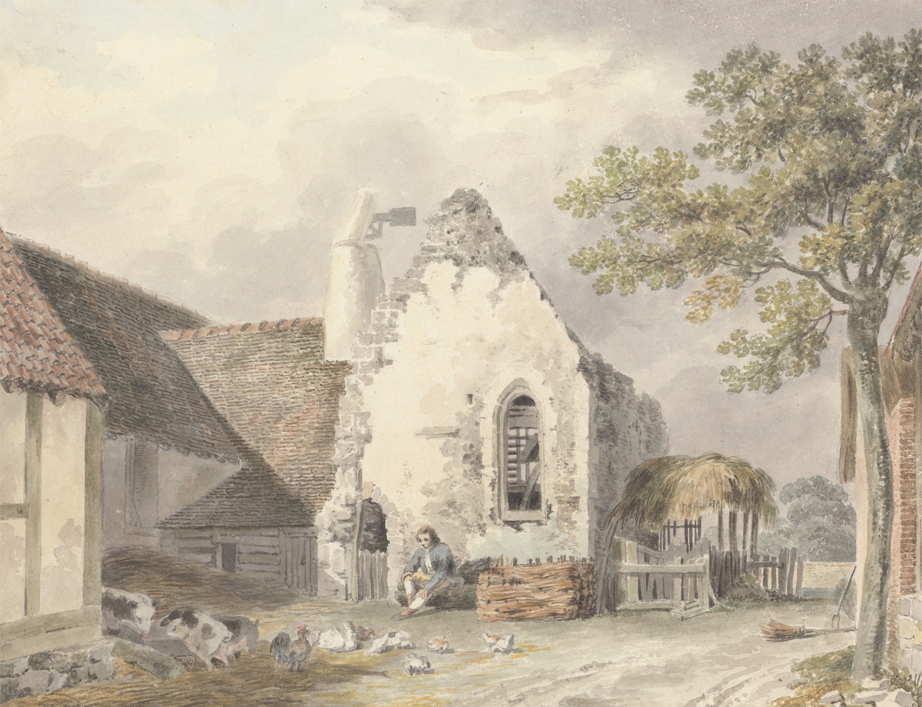 A Youth in a Farmyard with Pigs and Poultry, by Michael Angelo Rooker, public domain