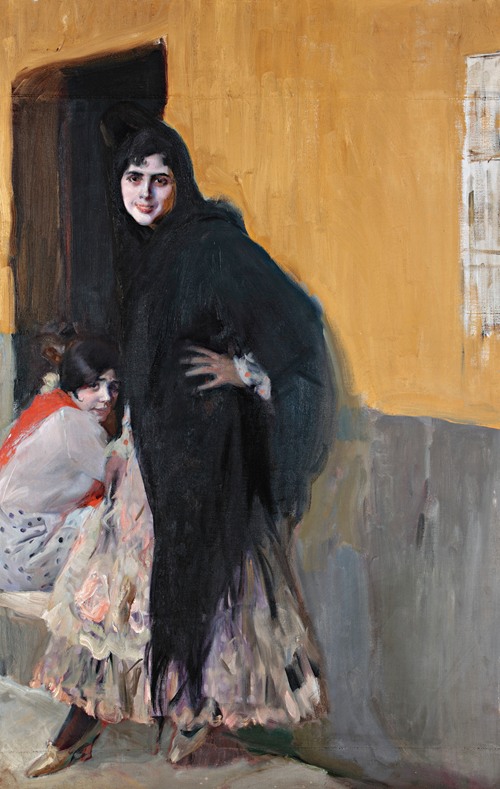 A vibrant depiction of ladies in traditional Sevillian attire.