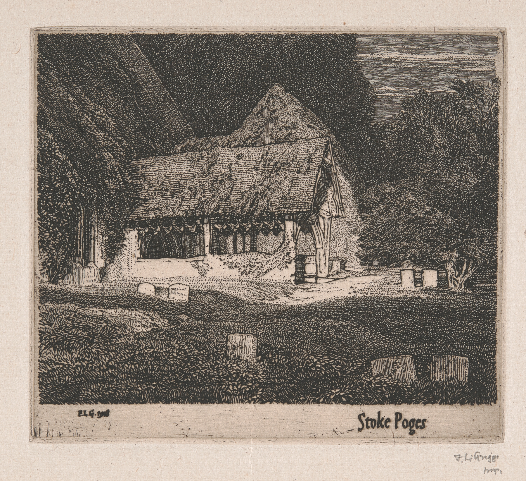 Watercolour by Frederick Landseer Maur Griggs depicting a landscape at dusk with a lone figure.