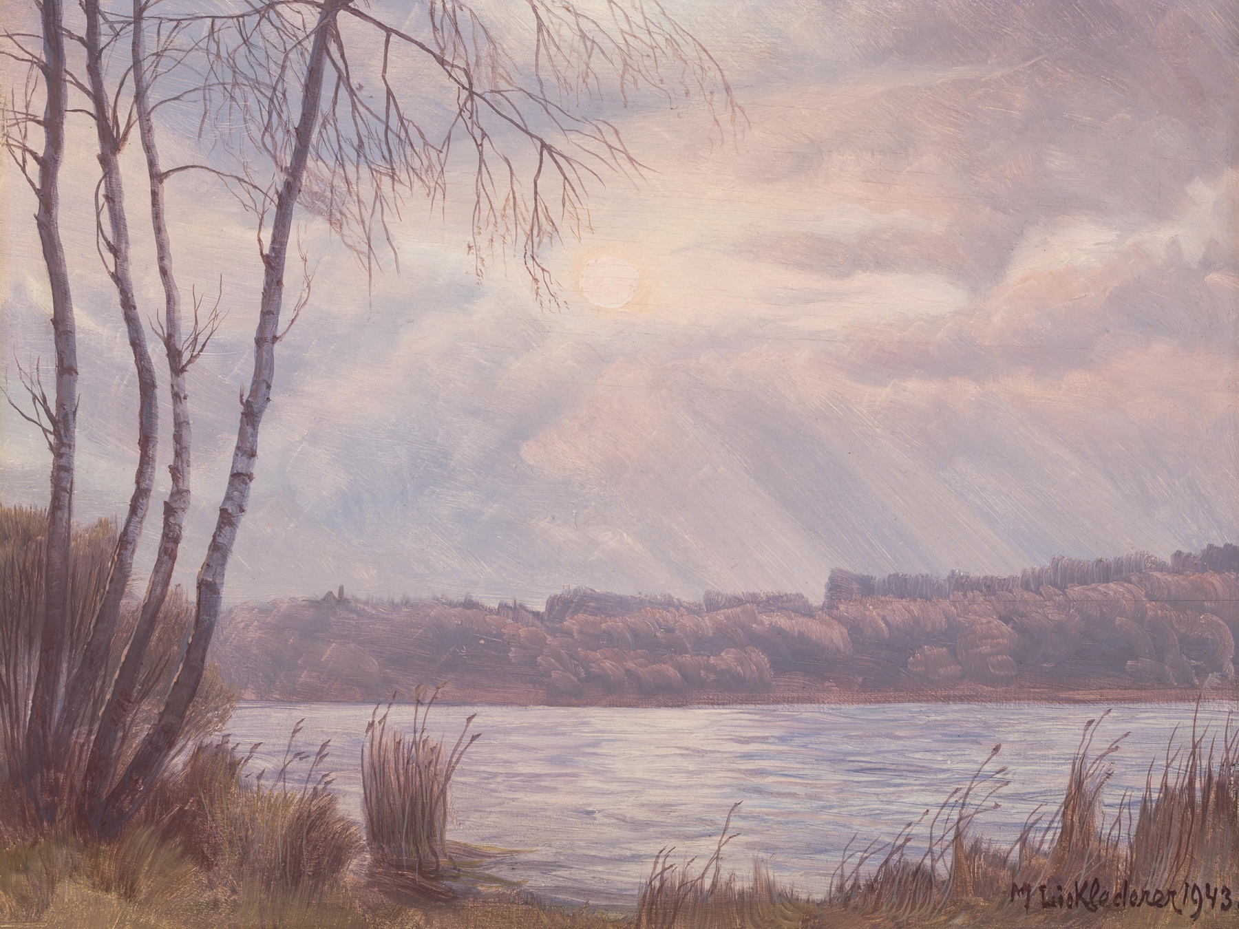 Simssee-Abend oil on canvas by Michael Licklederer depicting a tranquil lake at twilight with willow trees.