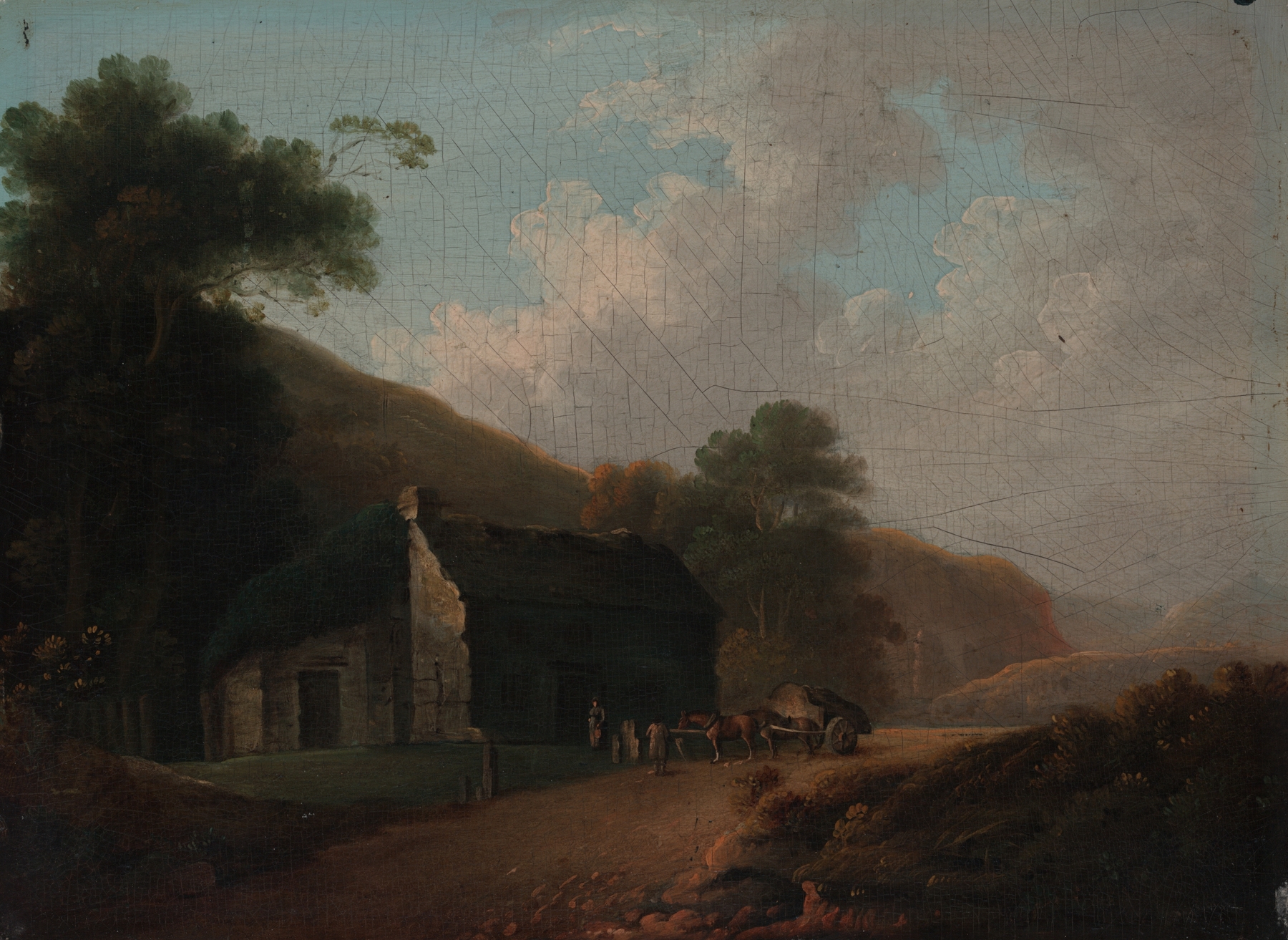 Landscape by John Rathbone, oil painting depicting a serene sky and earthy hills.