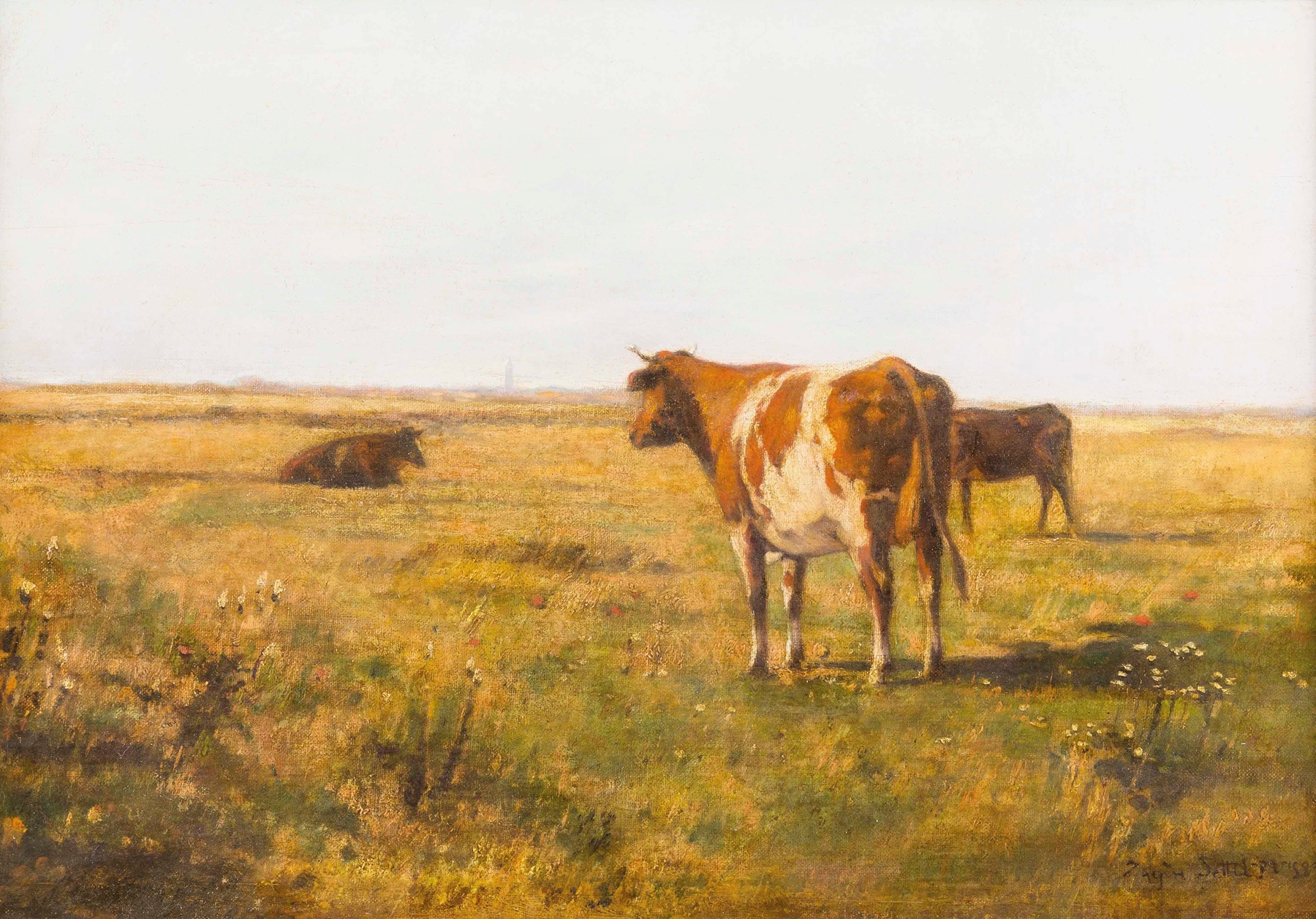 Rinder auf Sommerwiese by Eugen Jettel, realism, depicts cattle grazing in a sunlit meadow