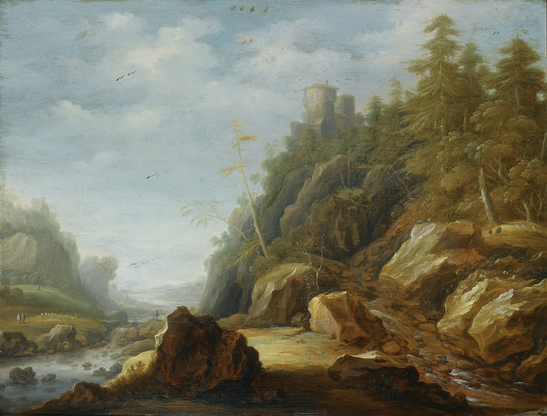 A Rocky Mountain landscape with a stronghold and shepherds with their flock, by Joachim Govertsz Camphuysen.