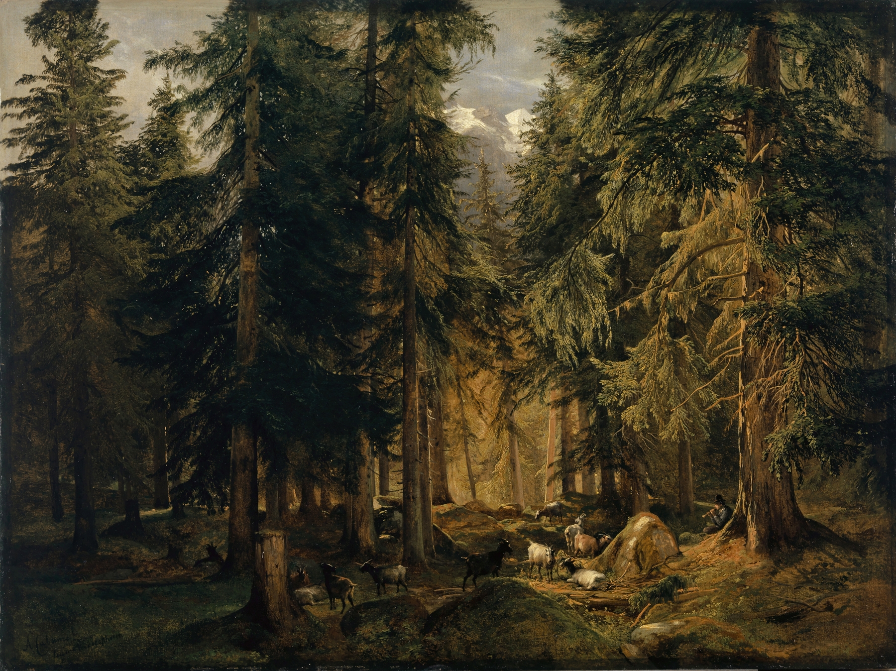 Forest in the High Mountains with Flock of Goats, by Alexandre Calame, public domain