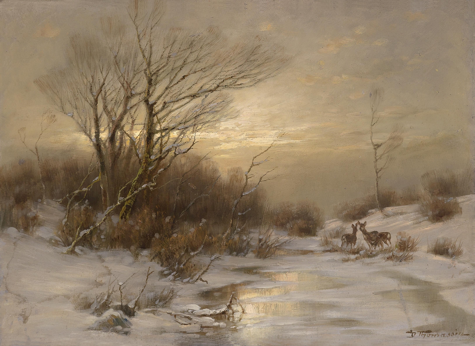 Winter landscape with snow and frost-kissed trees by Désiré Thomassin, oil on canvas