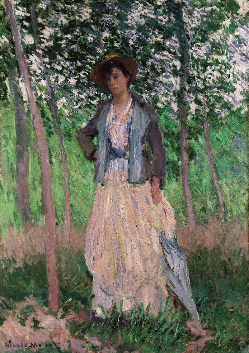 A portrait of Suzanne Hoschedé strolling in a garden, painted by Claude Monet.