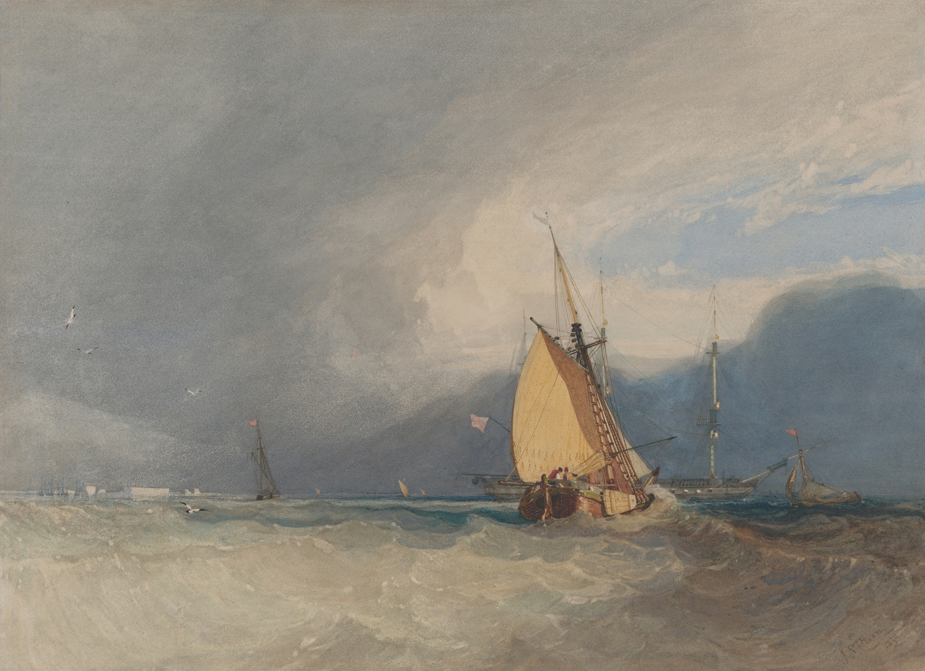 Boats off the Coast, Storm Approaching by John Sell Cotman, oil painting depicting boats in a stormy ocean