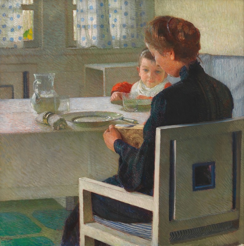 A mother and child share a quiet breakfast scene.