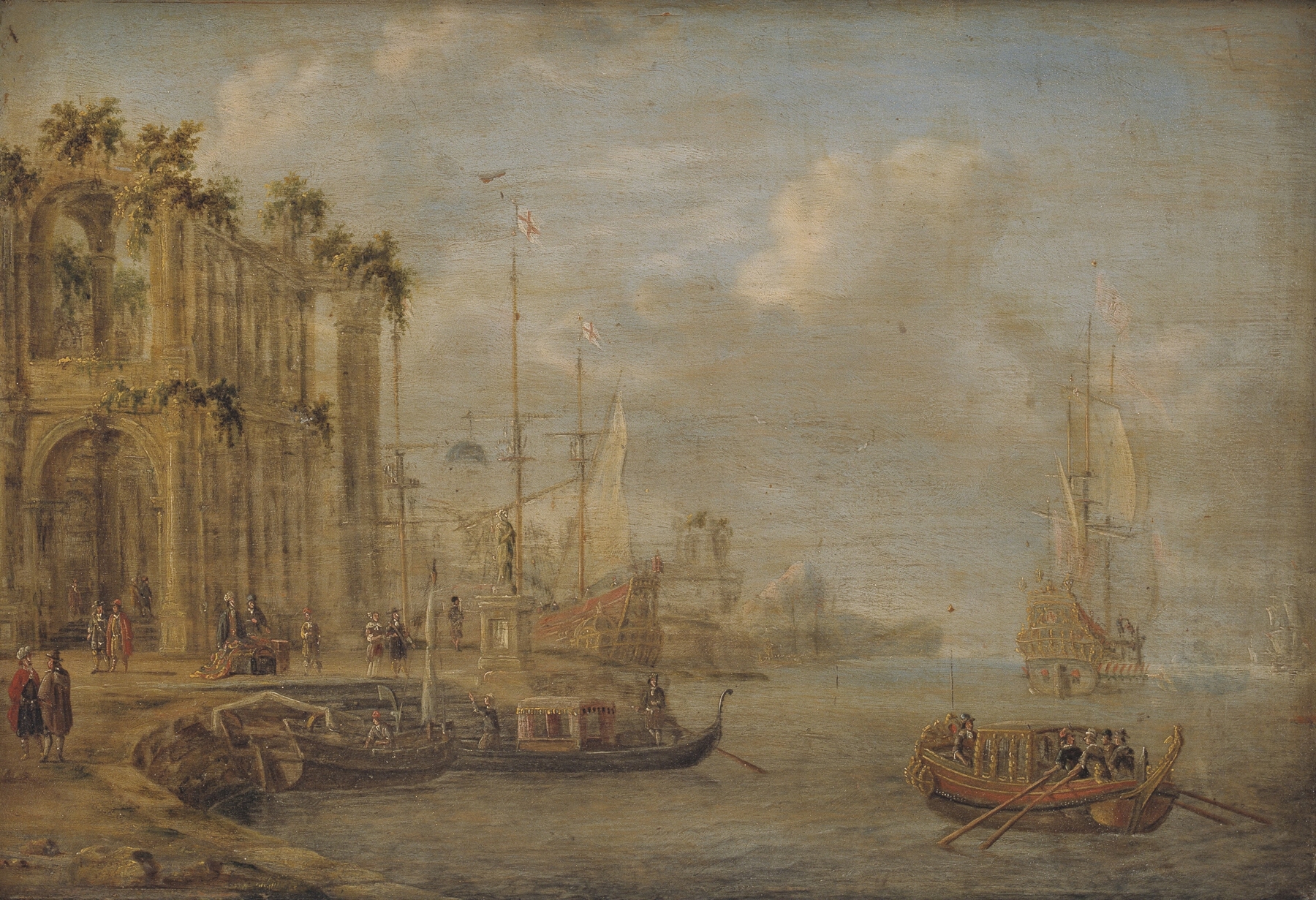 Harbour scene with antique ruins, oil on canvas by Jacobus Storck