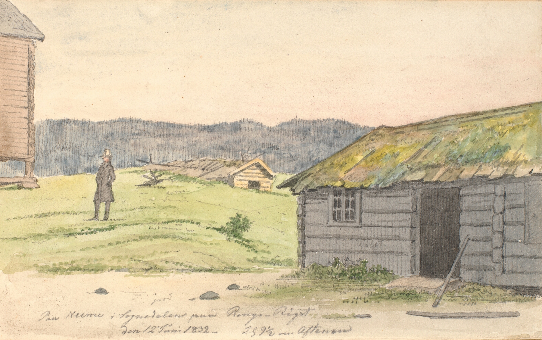 Landskab med bondegårde by Martinus Rørbye, oil painting depicting serene landscape with farmhouses.