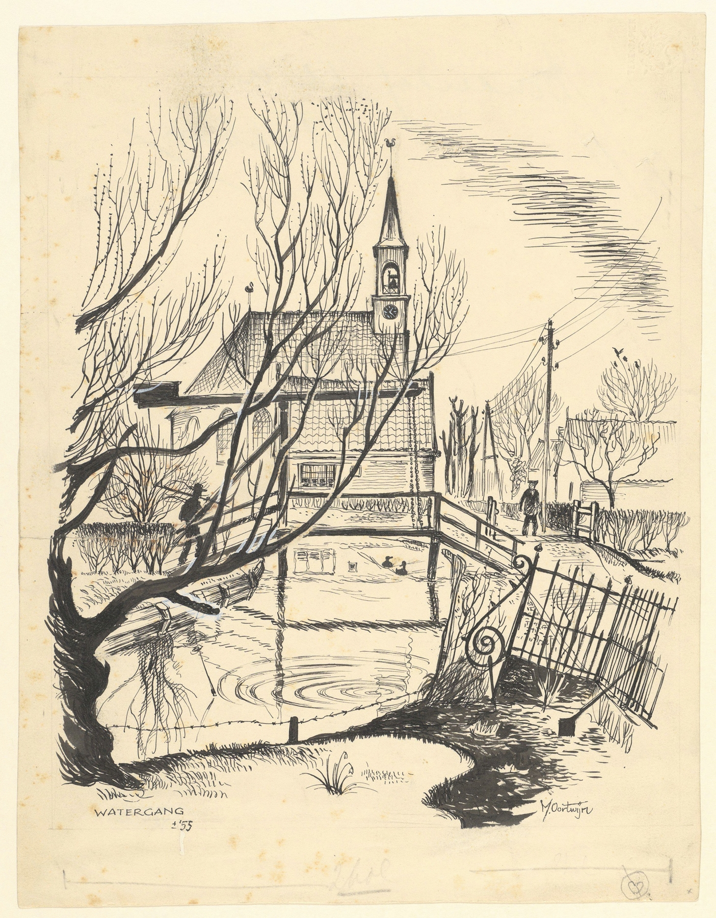 Landscape featuring a church and fields, oil painting by Maarten Oortwijn
