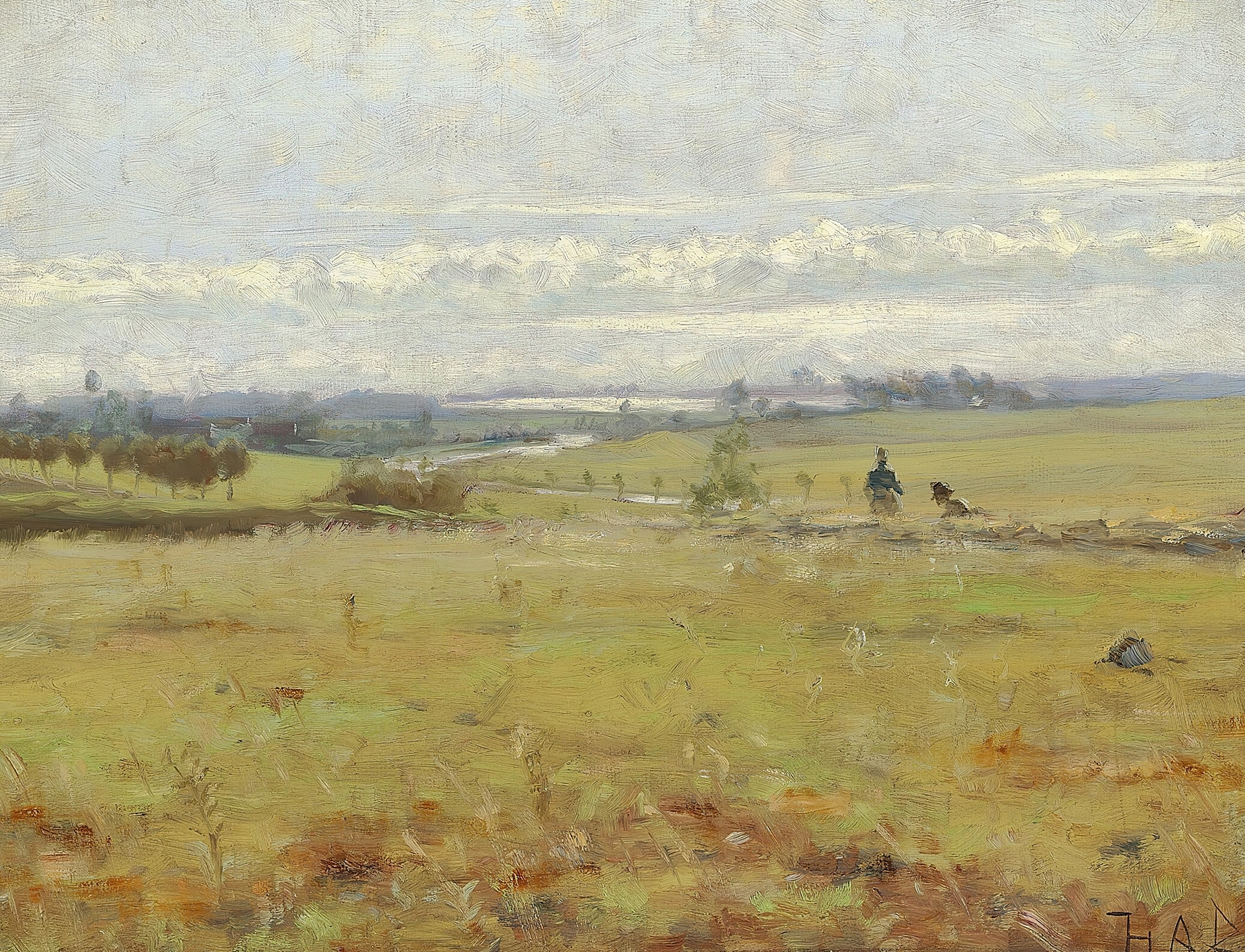 Landscape at dawn with mist and soft hues, oil painting by Hans Andersen Brendekilde