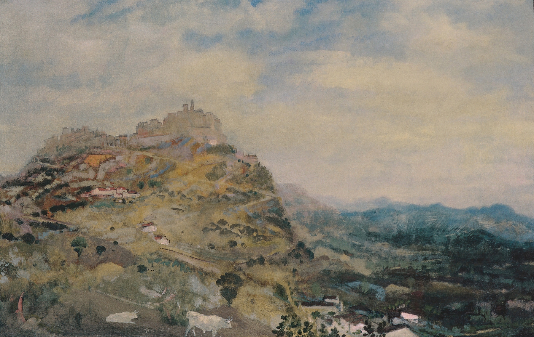 Italian Hill Town by Arthur Bowen Davies, oil on canvas depicting terracotta rooftops and green hills.