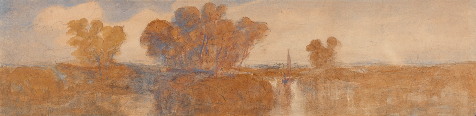 Watercolour by John Joseph Cotman depicting Norwich with hills and clouds.