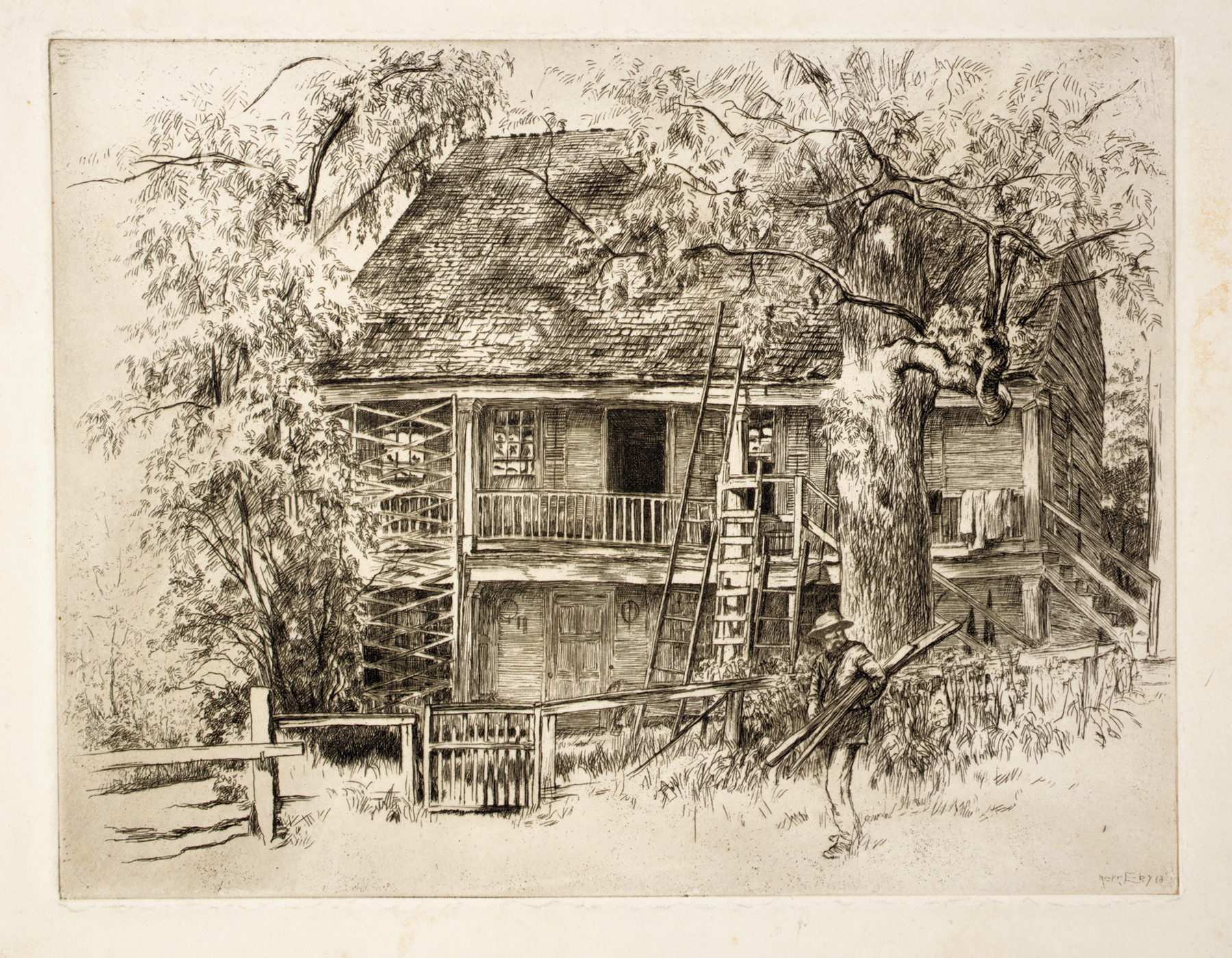 The Old House by Kerr Eby, realism, depicts a dilapidated house under a gnarled tree.