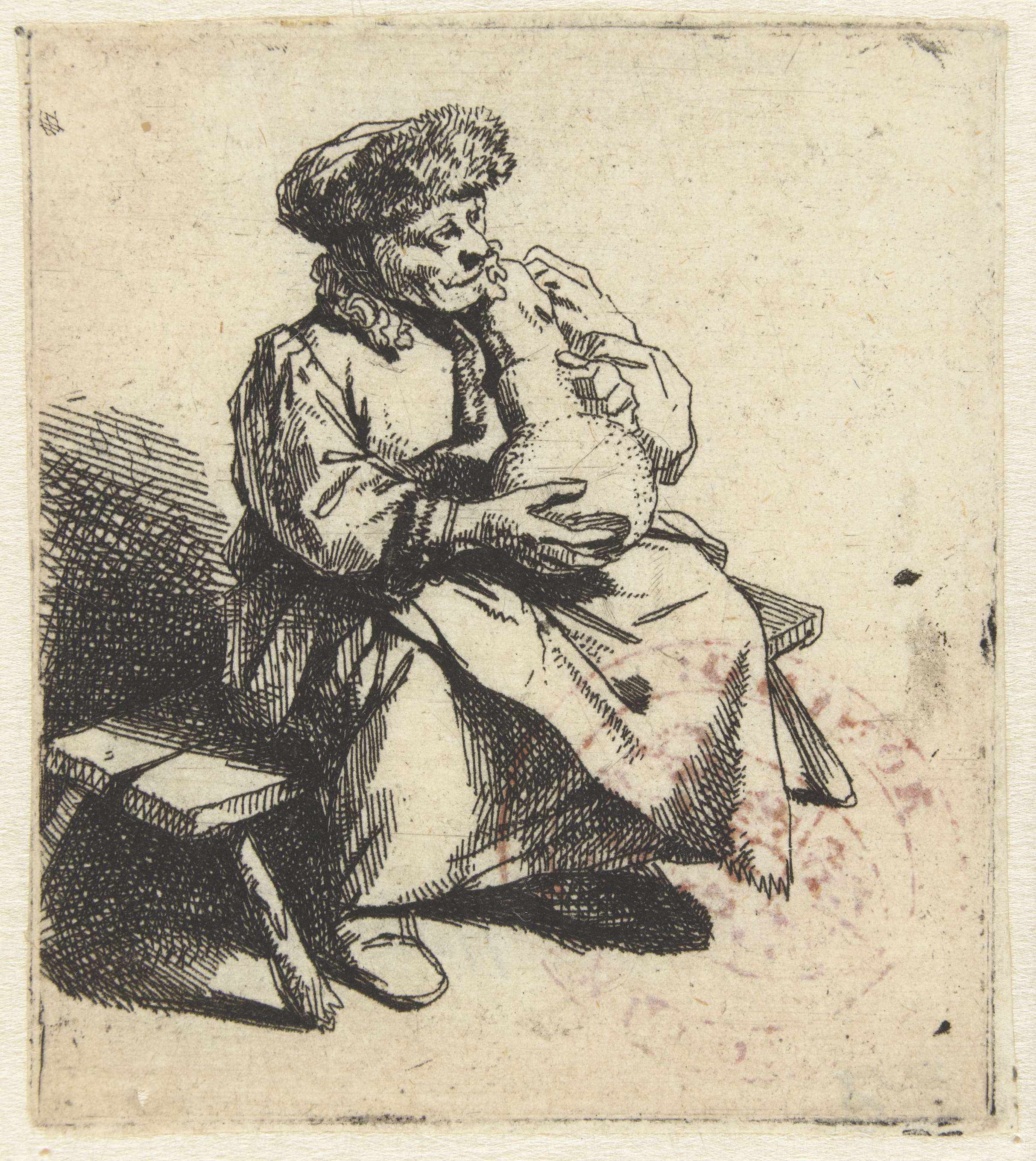 Interior scene with a woman holding a jug, etching by Cornelis Pietersz. Bega