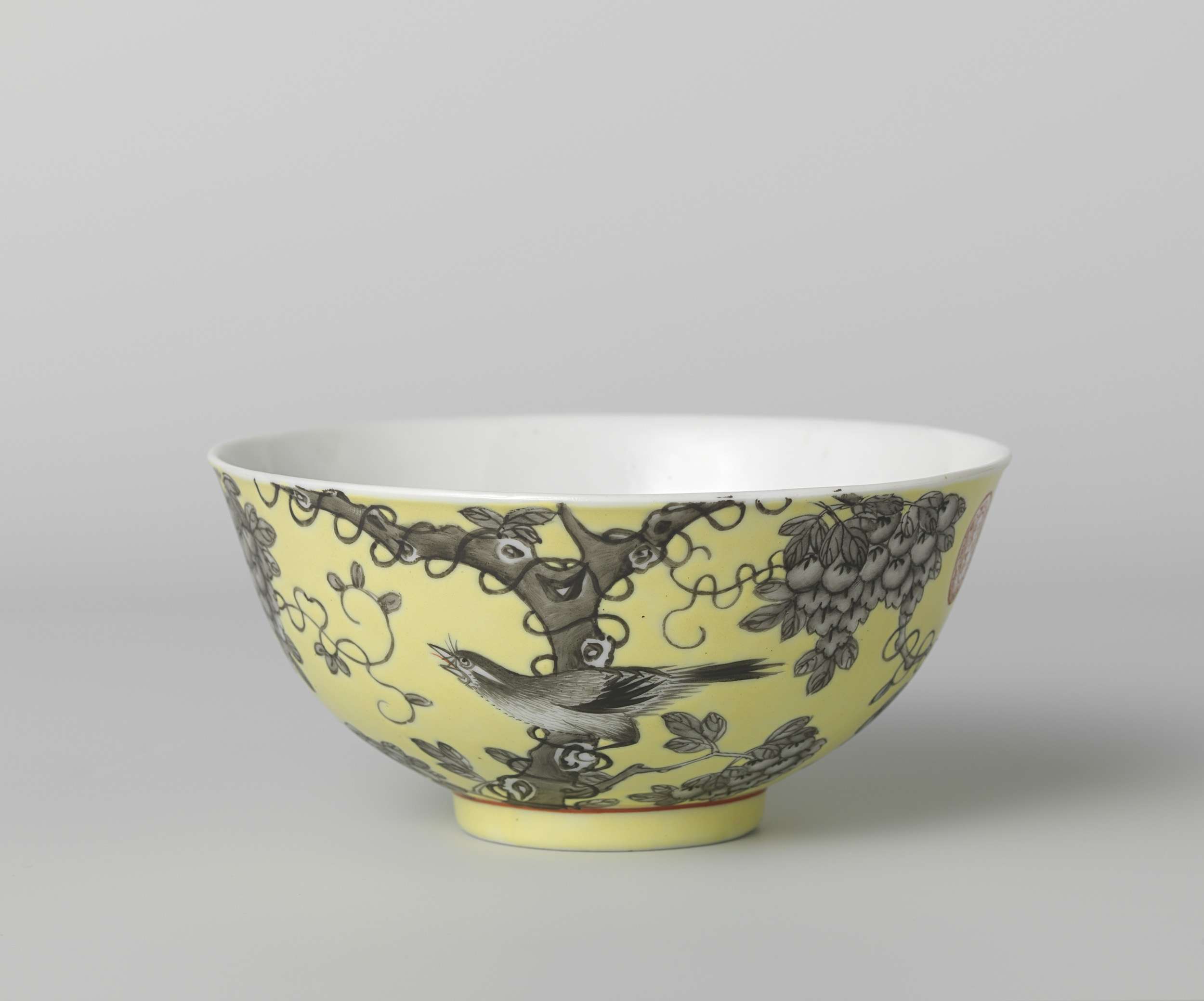 Ceramic bell-shaped bowl with a bird on a tree and wisteria by an unknown artist