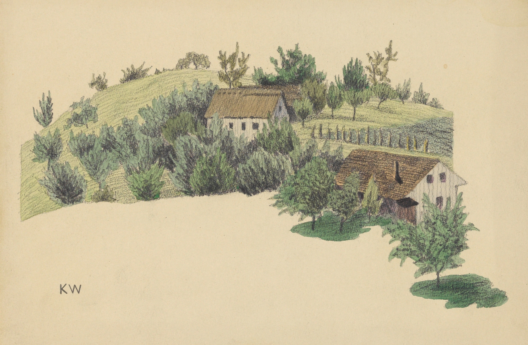 Landscape by Karl Wiener depicting rural farmhouses on hills, unknown medium.