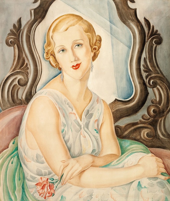 A woman gazes into a mirror, surrounded by flowing lines and soft colors.