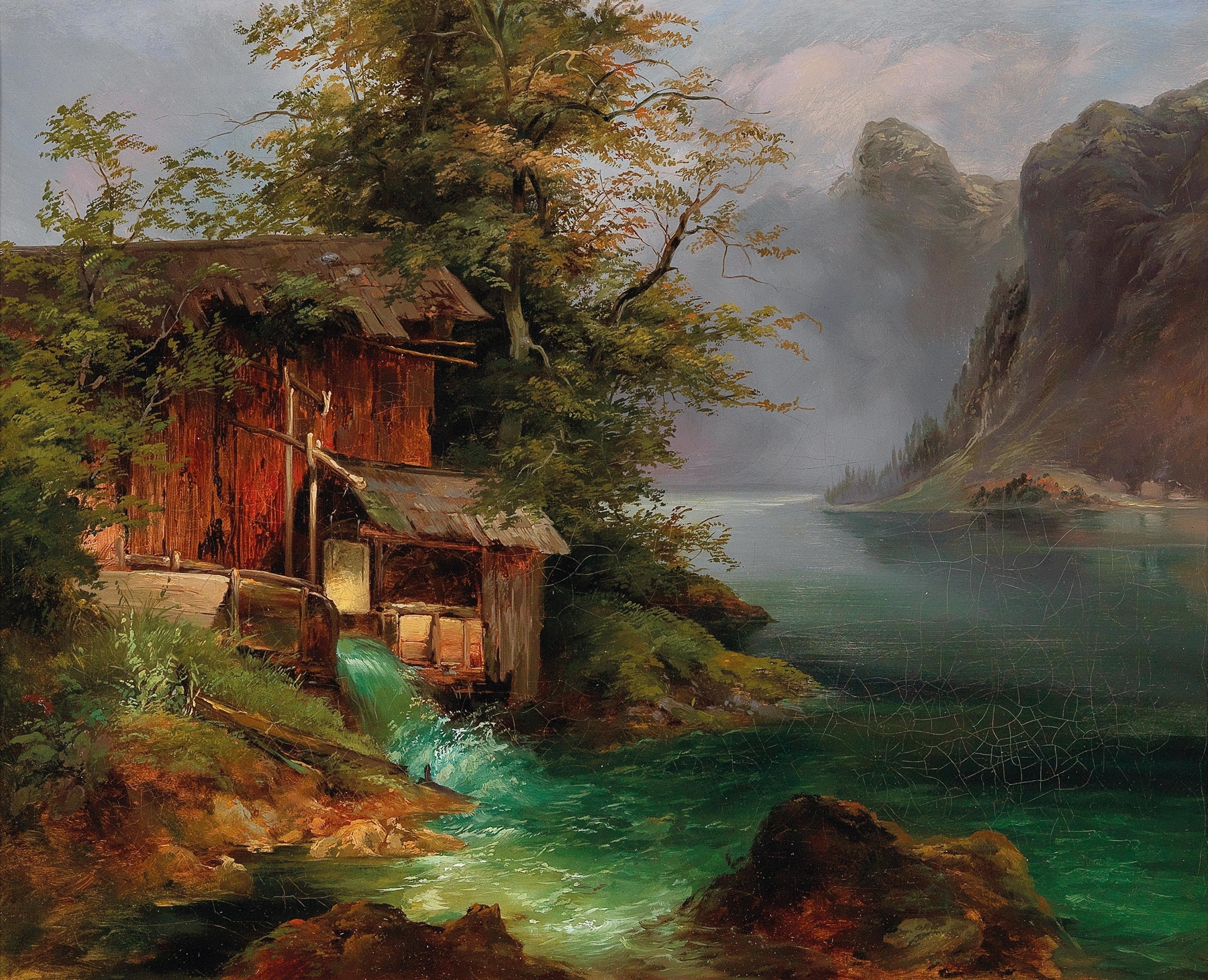 Oil painting by Franz Steinfeld of a mill by Lake Hallstatt with tranquil waters and hills.