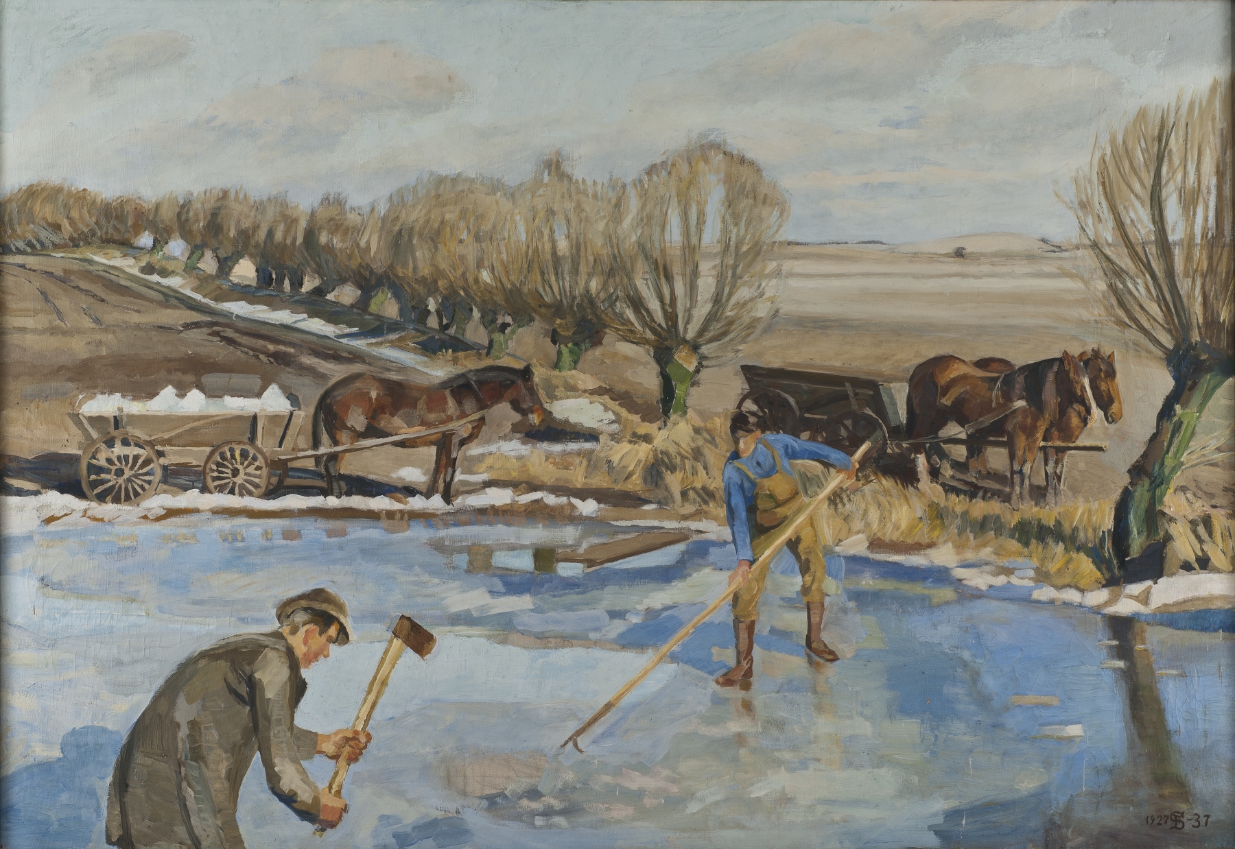 Farmhands fetching ice, oil painting by Fritz Syberg, showing two workers in a natural landscape.