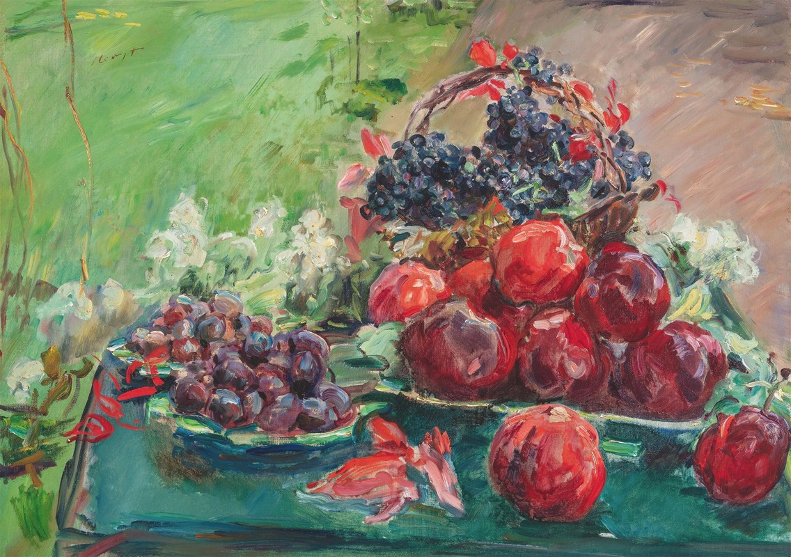 A still life painting featuring apples, grapes, and plums.