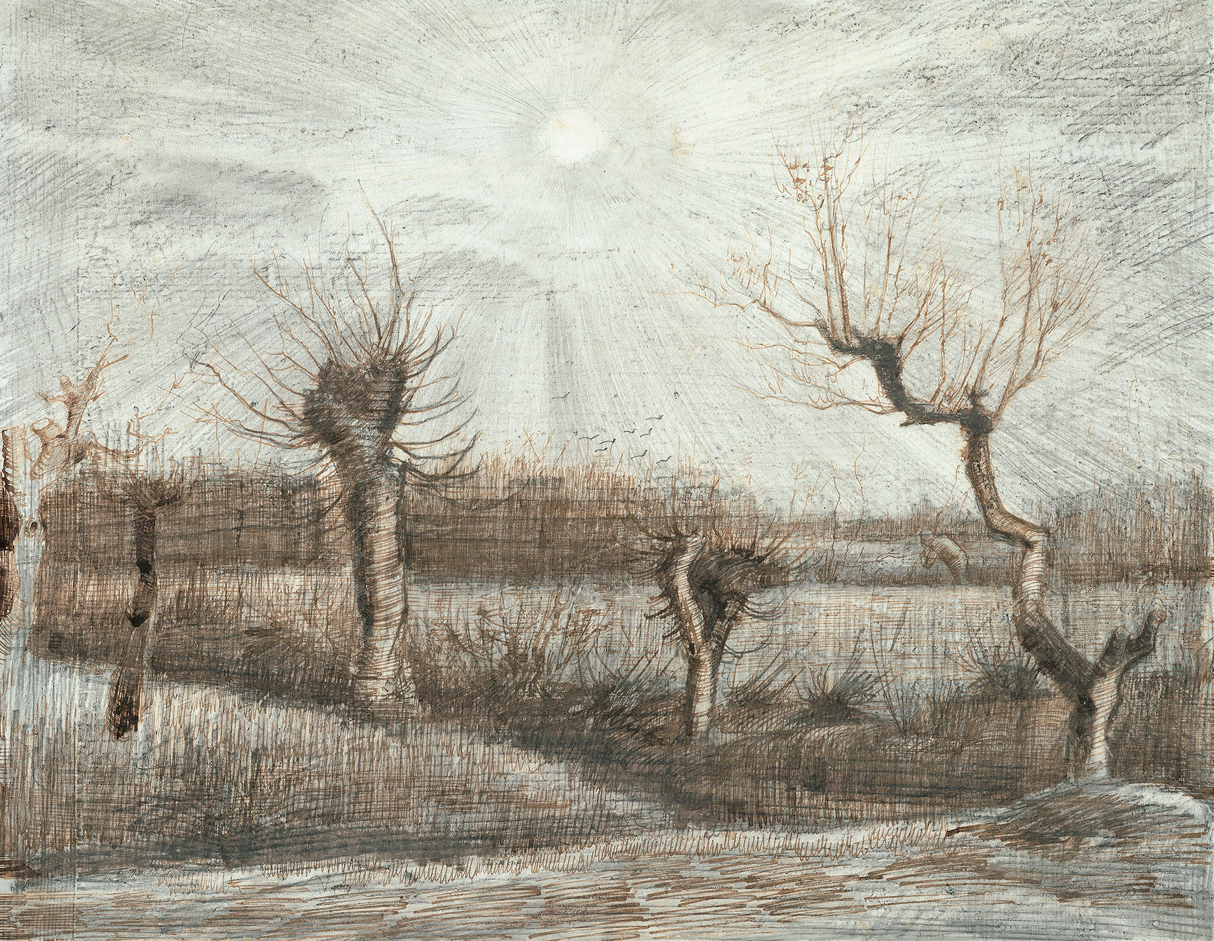 Tetards (Pollards) by Vincent van Gogh, oil painting depicting pollard willows in a serene landscape.