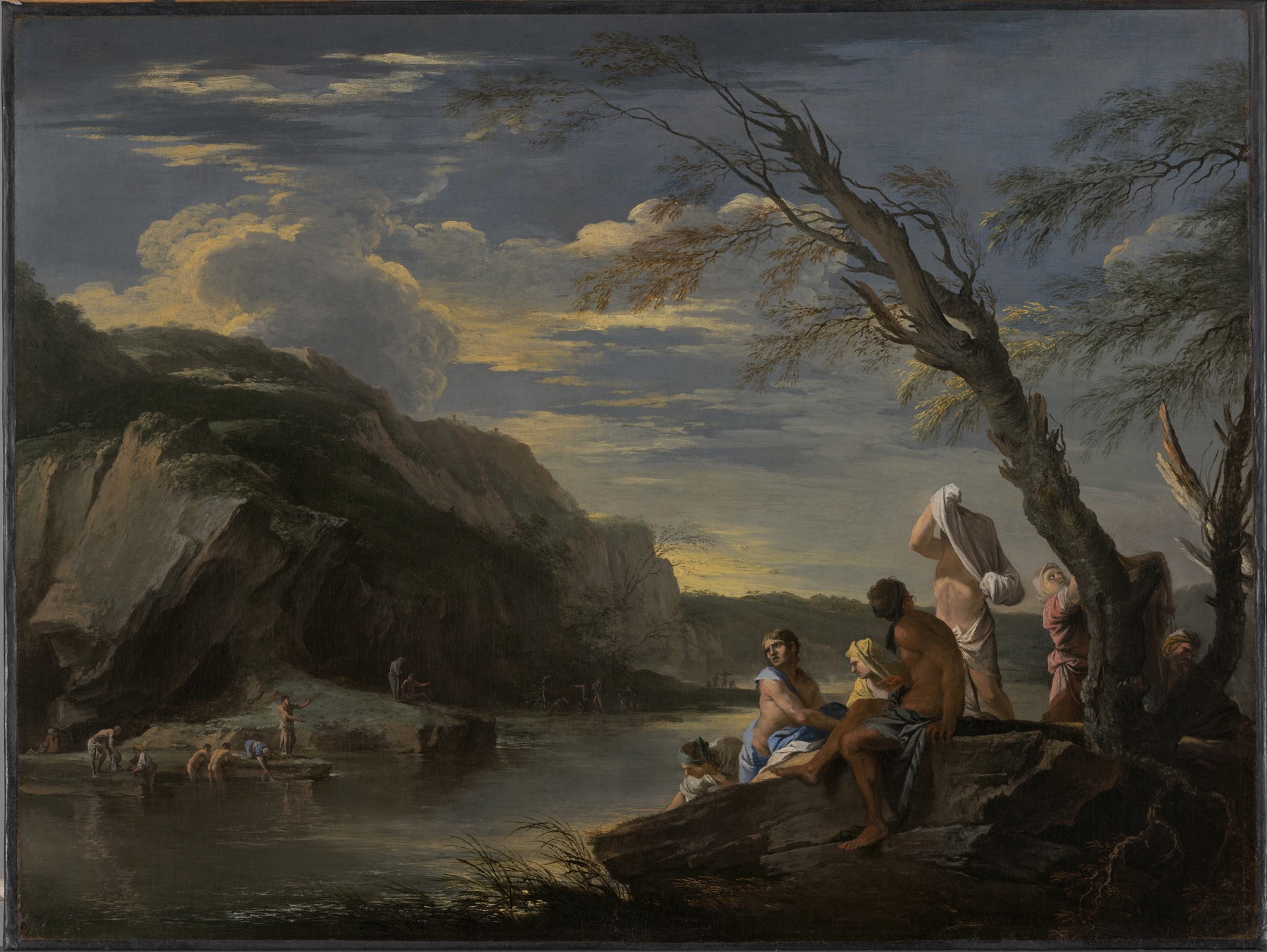 Landscape with Bathers, oil on canvas by Salvator Rosa depicting figures by a stream