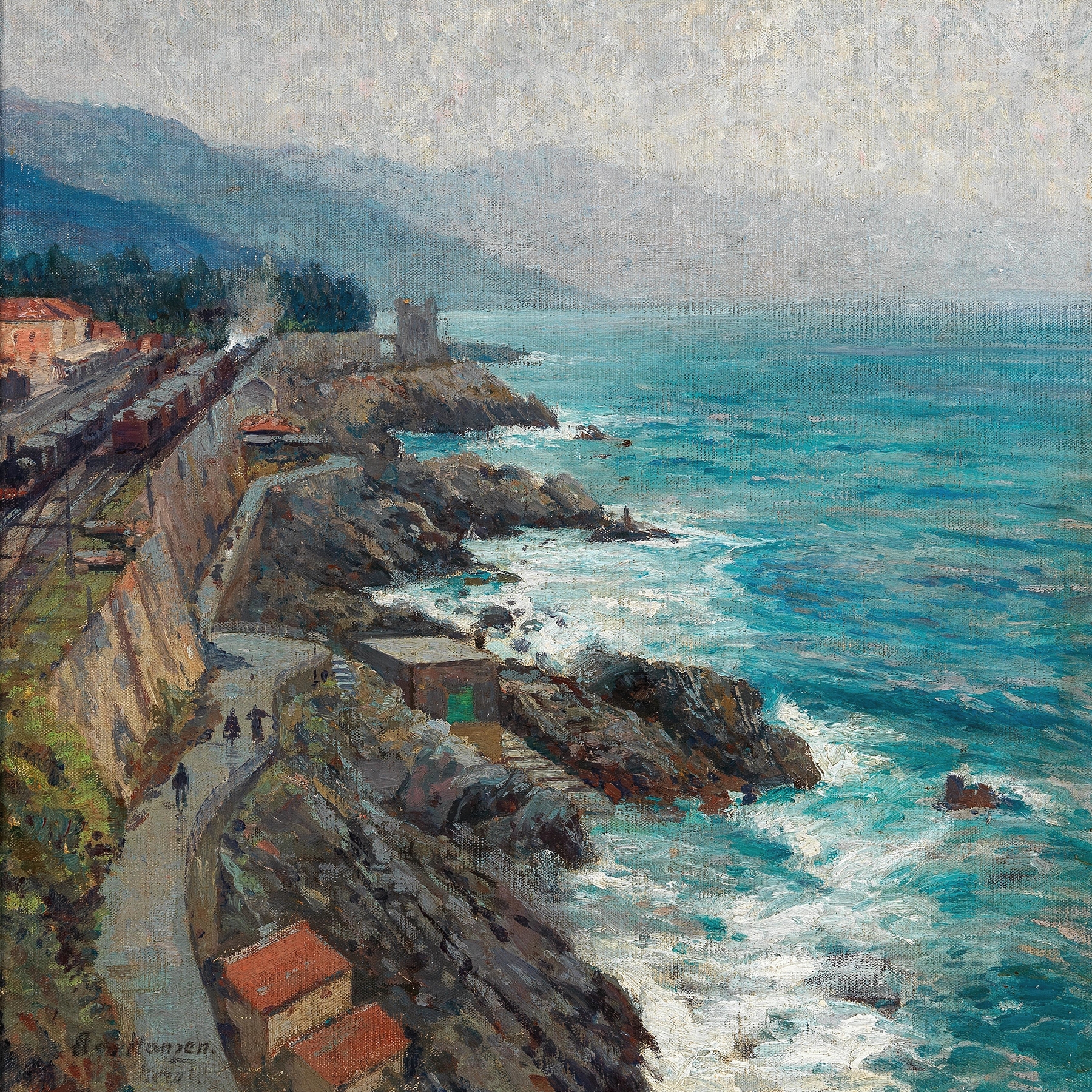Coast at Nervi by Alexei Vasilievich Hanzen, oil painting depicting a tranquil shoreline