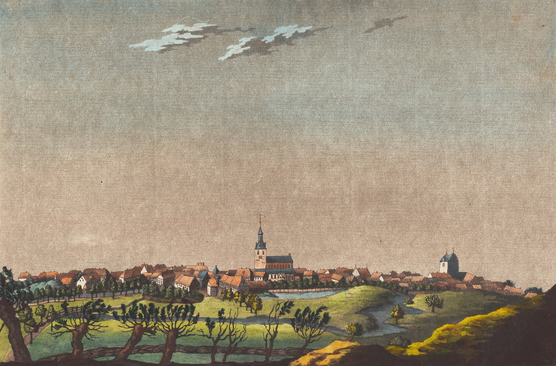 Landscape of Odense by Christian Heinrich Grosch, oil painting depicting charming houses and greenery.