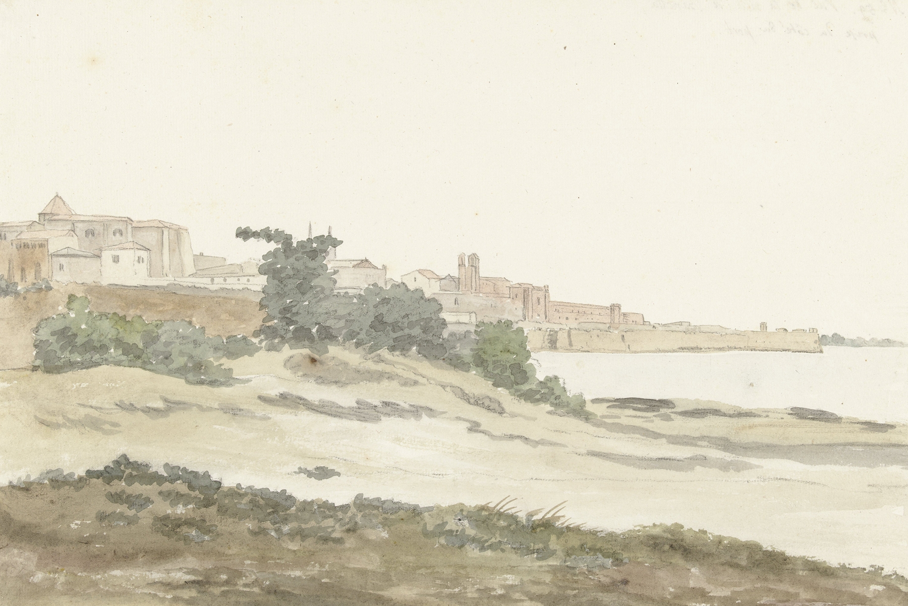 Watercolour by Abraham-Louis-Rodolphe Ducros depicting Barletta's coastline and buildings.