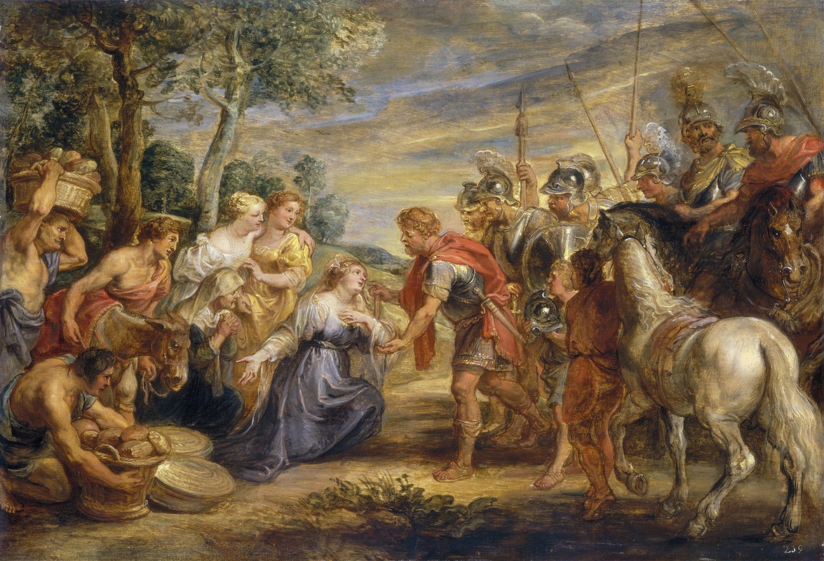 A historical painting depicting the meeting of David and Abigail by Rubens.