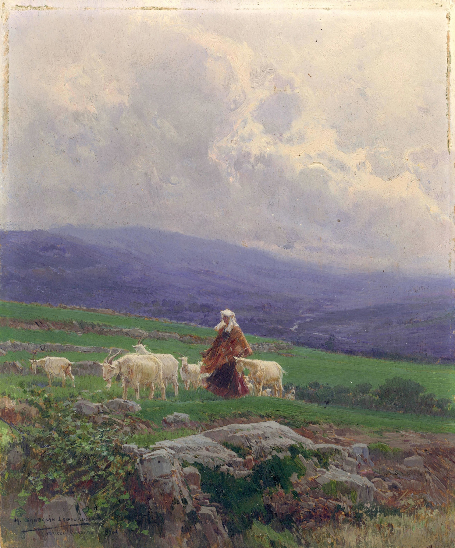 Goats grazing in a pasture, oil on canvas by Mariano Barbasán