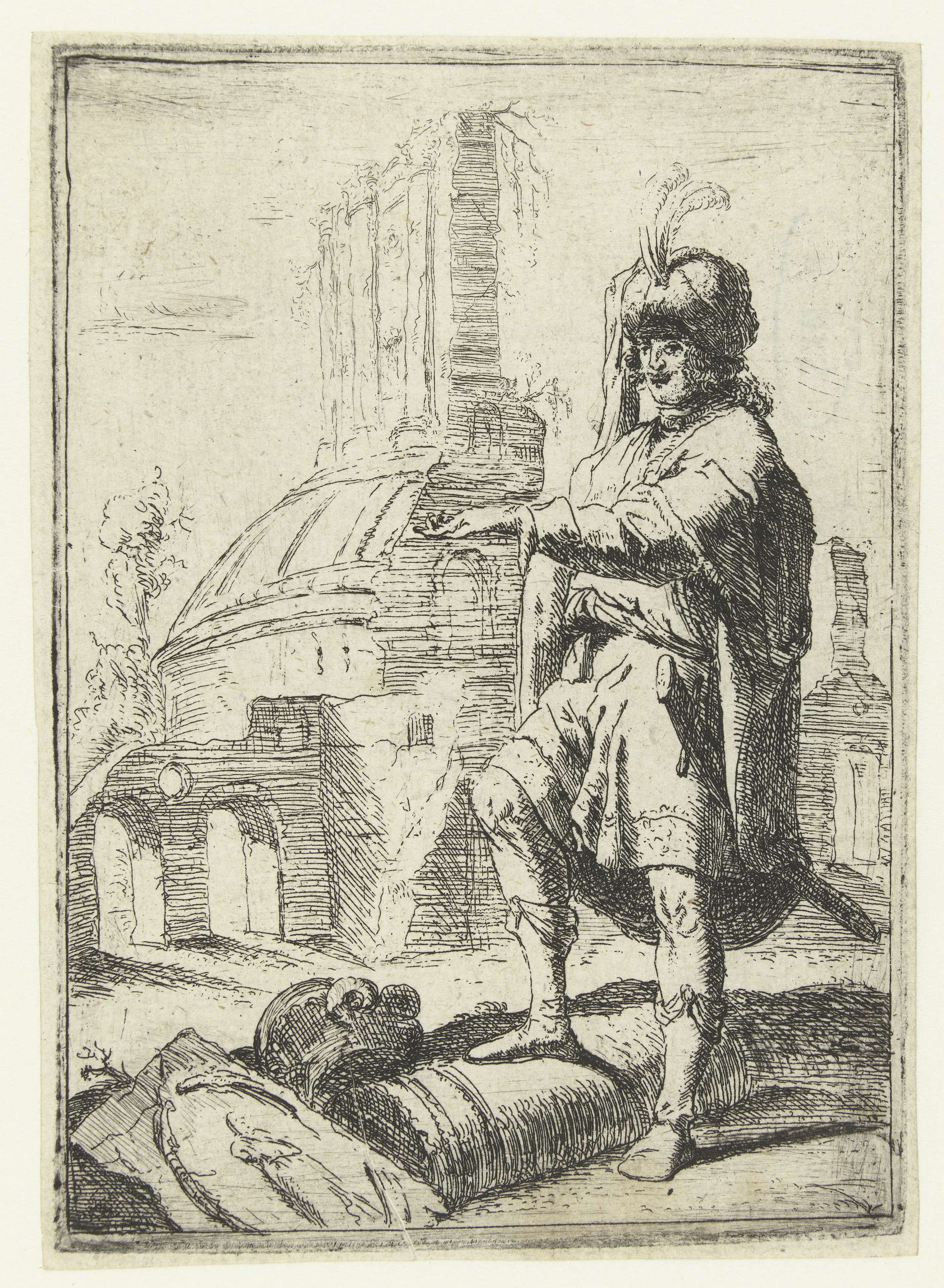 Etching by Bartholomeus Breenbergh of a figure in eastern clothing before ruins.
