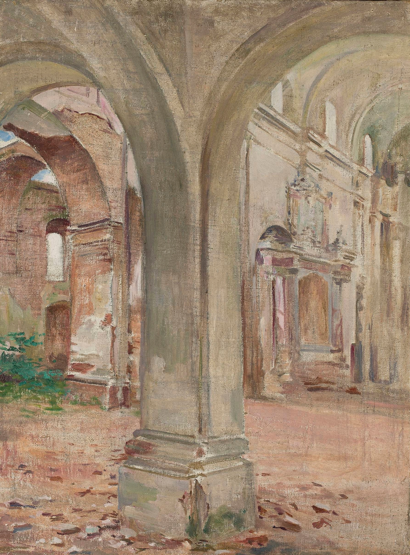 Church interior with wooden pews and stained glass, oil painting by Franciszek Łubieński