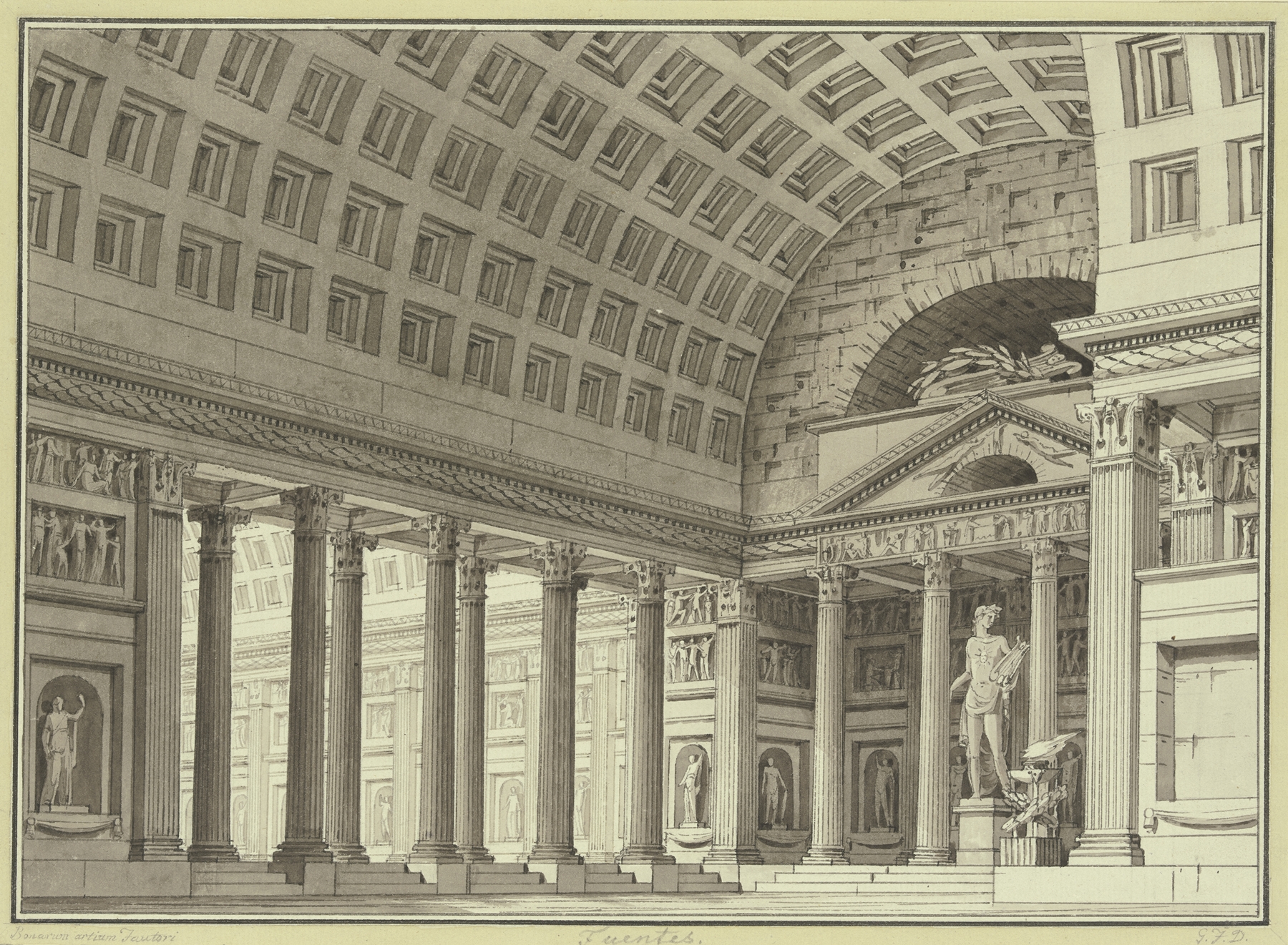 Neoclassical architecture featuring a marble Apollo statue by Giorgio Fuentes