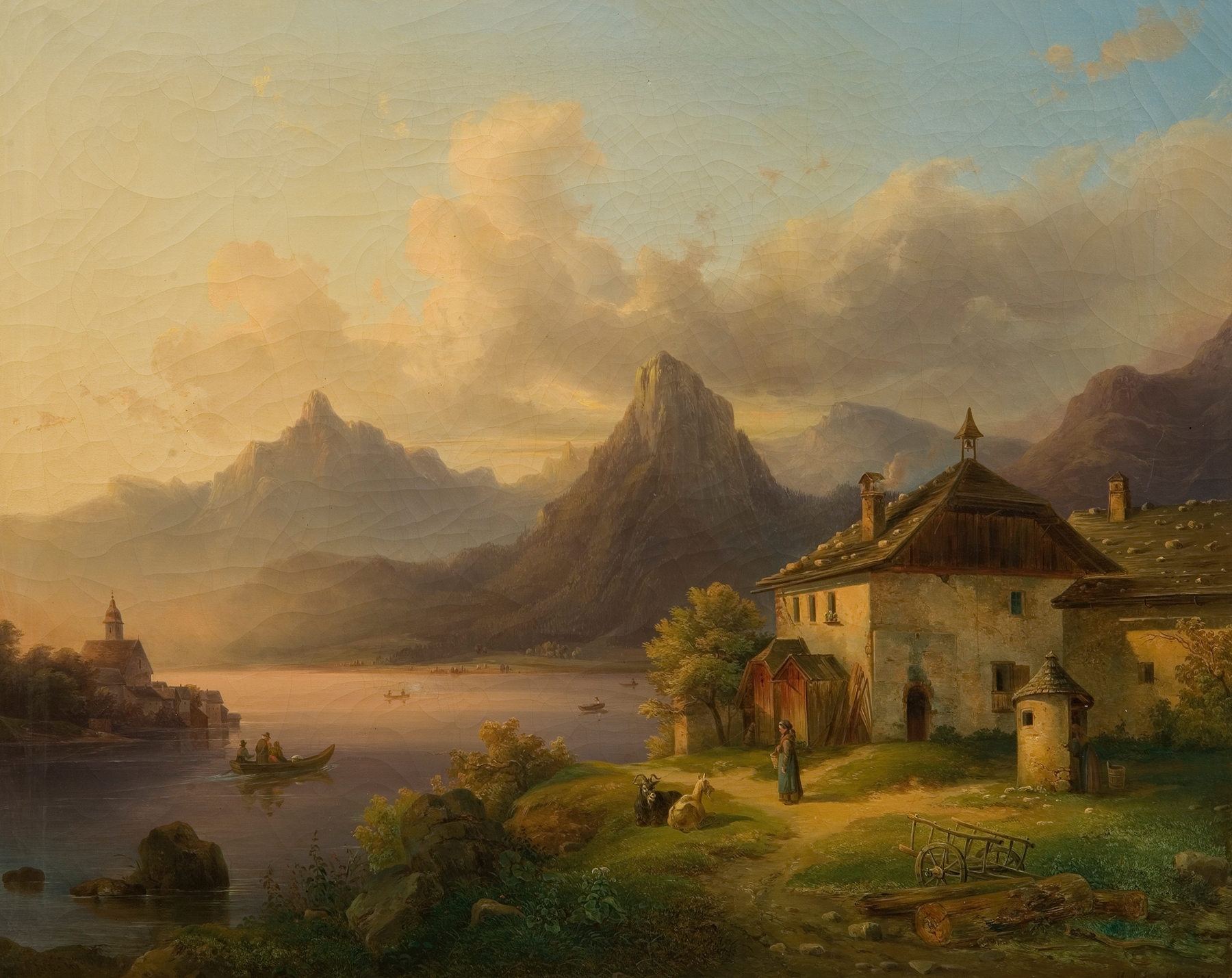 Landschaft mit Bergsee by Edmund Mahlknecht, oil painting of a lake surrounded by mountains and forest.