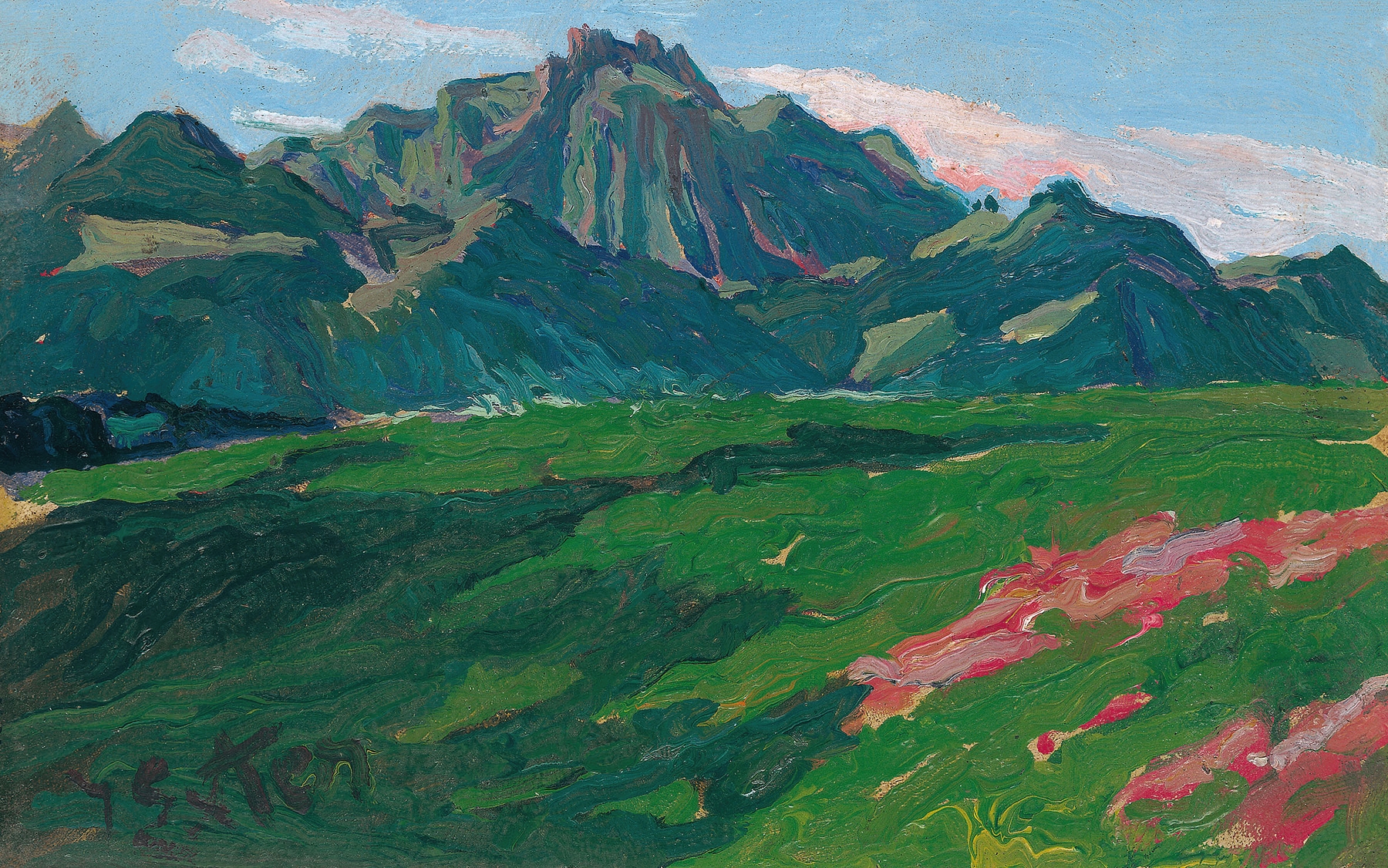 Kampenwand by Julius Exter, oil painting depicting a mountain landscape with dark clouds.